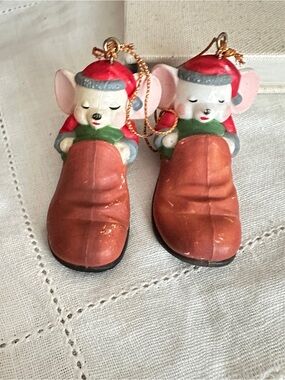 Vintage Christmas ornament lot of 2 sleeping mice in shoes